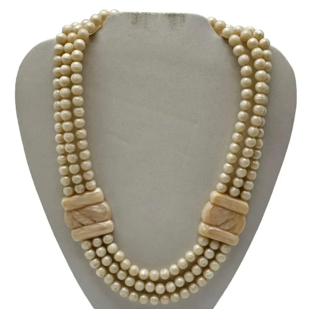 Cream Colored Iridescent Celluloid Faux Pearl Triple Strand Necklace Vintage